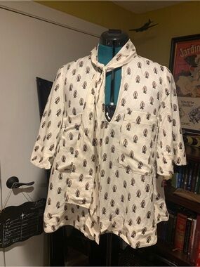 Womens Cream Printed Tie-Neck Blouse